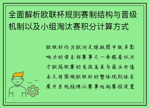 全面解析欧联杯规则赛制结构与晋级机制以及小组淘汰赛积分计算方式